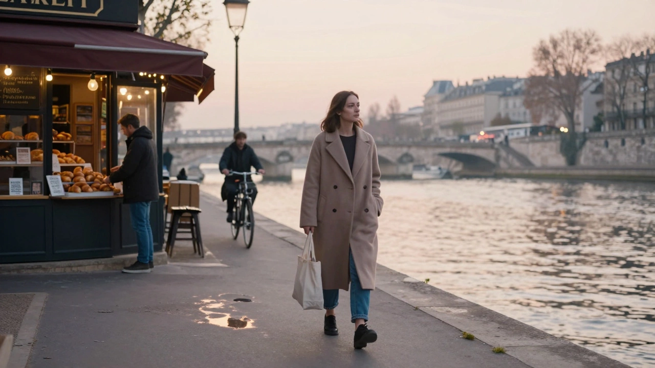 A woman walks alone along the Seine at sunrise, embodying quiet independence in modern Paris.