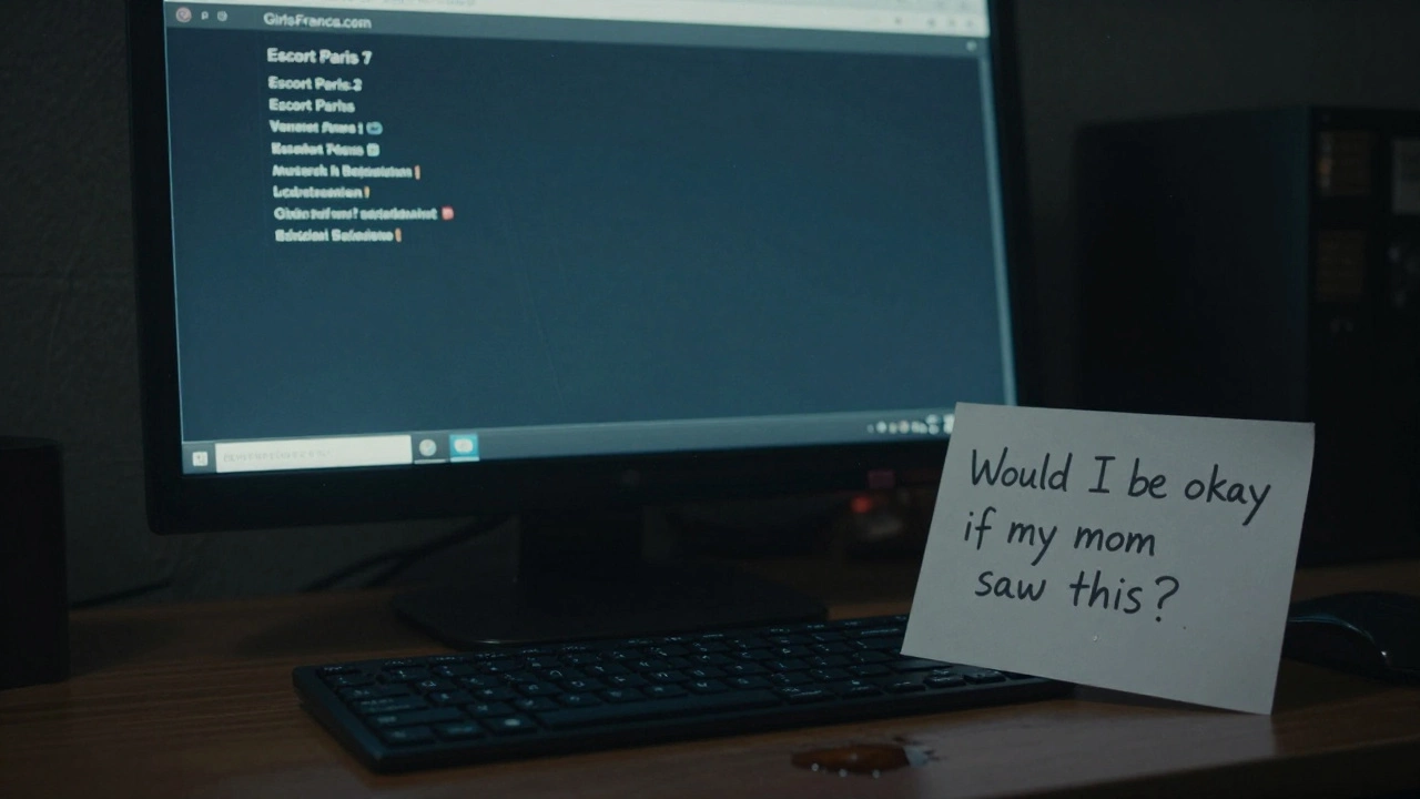 Glowing computer screen with adult site names and handwritten note about family viewing.