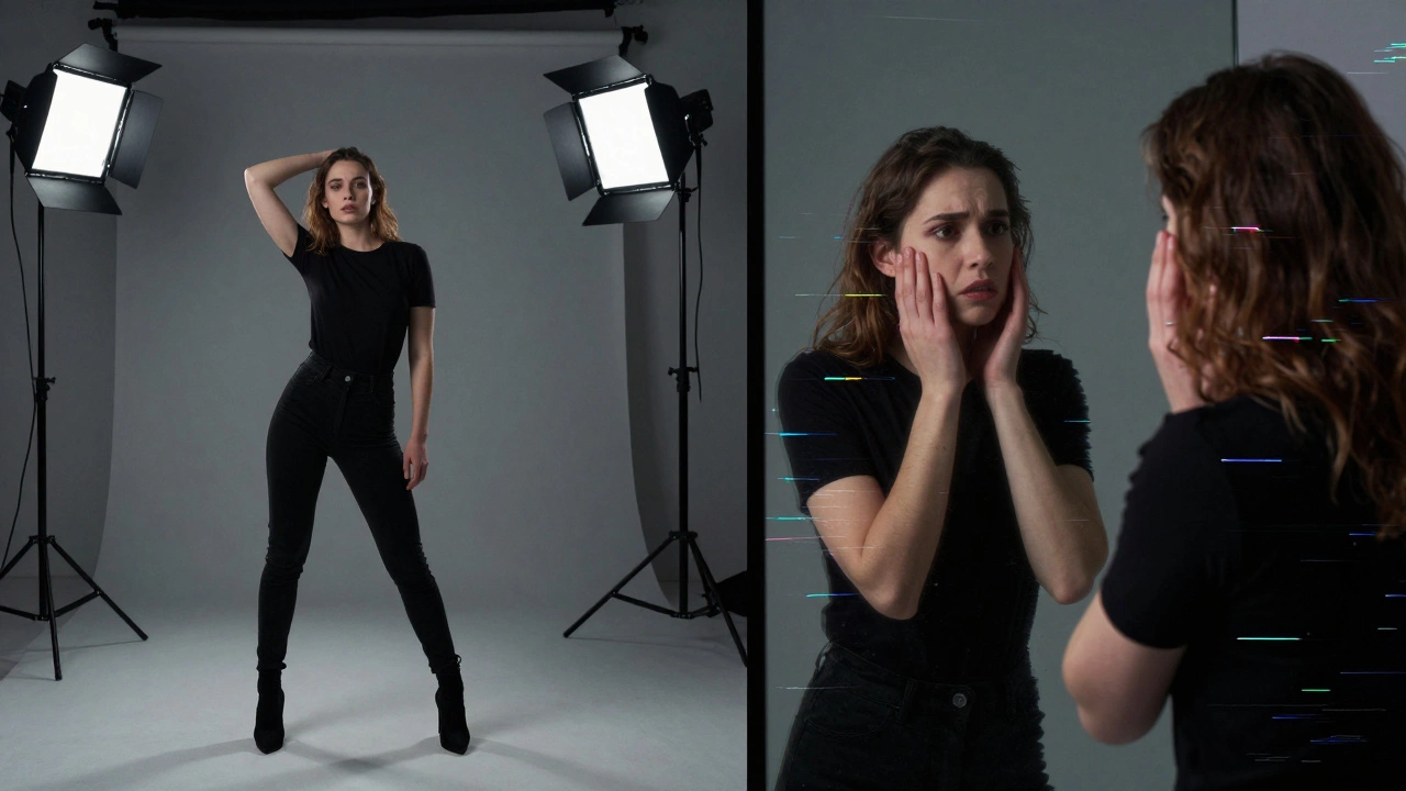 Split-screen image showing confident creator vs. anxious reflection with glitch effects.